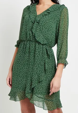 (5P. PACK) Polka Dot Faux Wrap Mini Dress with Elasticated Waist in Green Chiffon