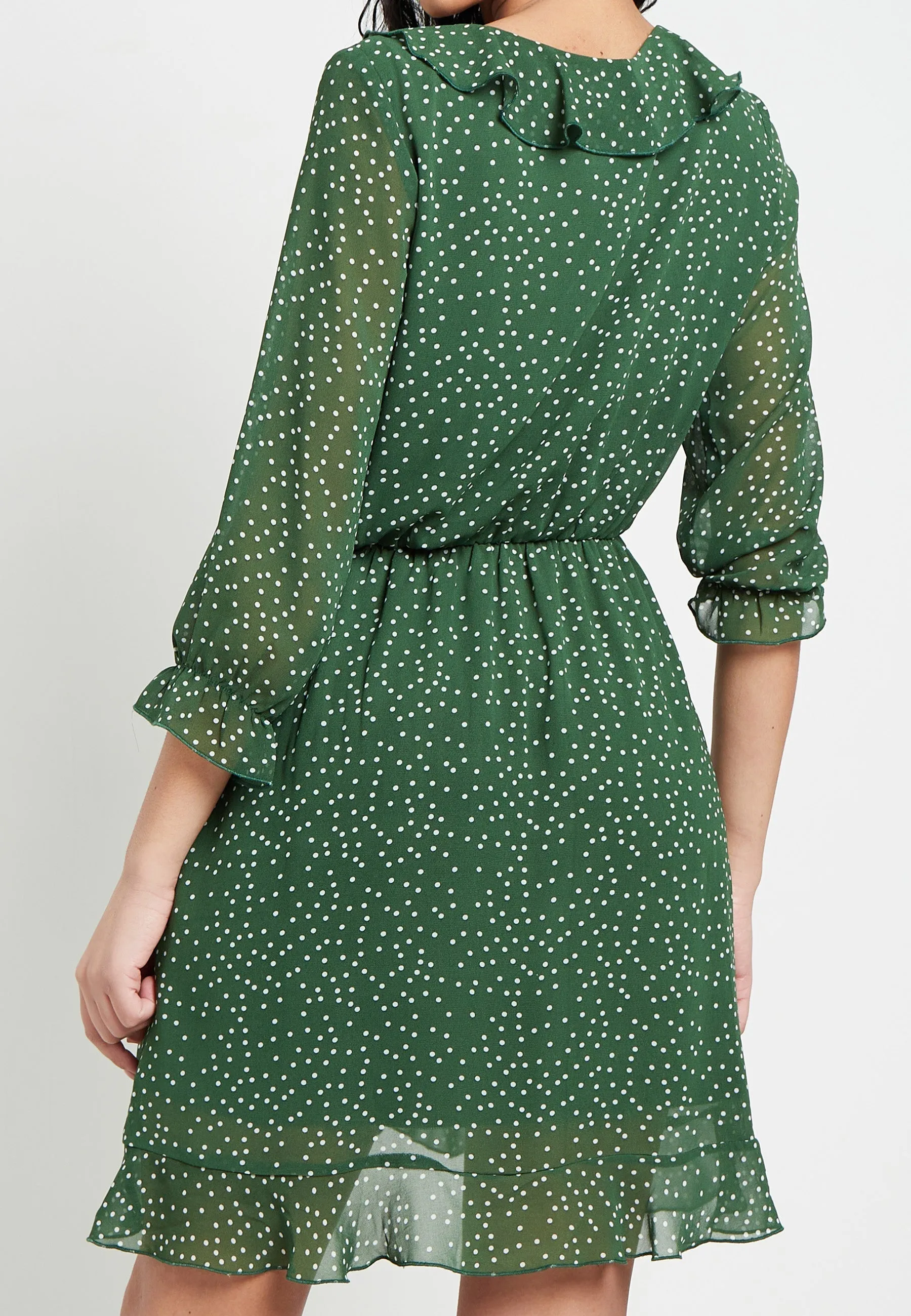 (5P. PACK) Polka Dot Faux Wrap Mini Dress with Elasticated Waist in Green Chiffon