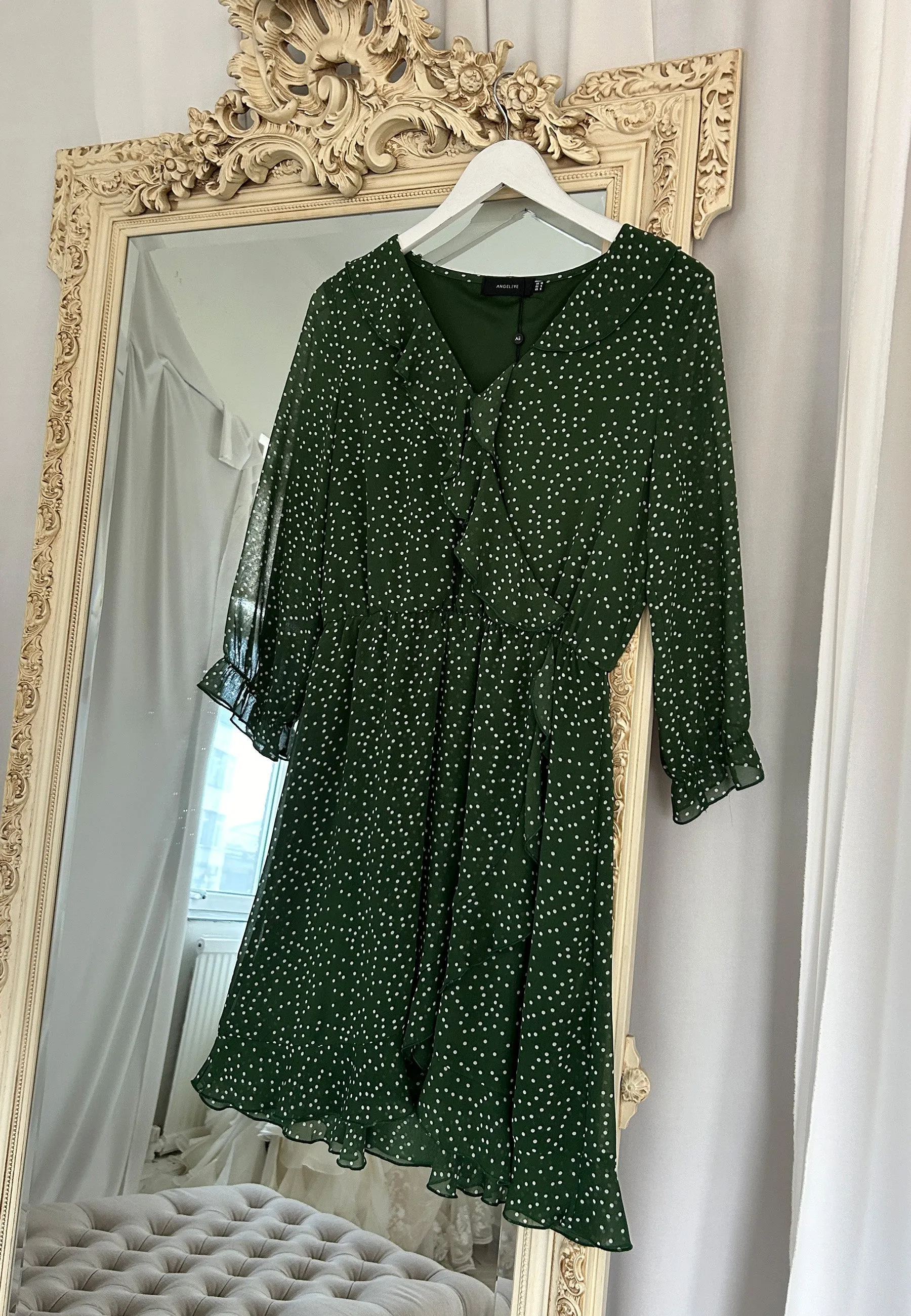 (5P. PACK) Polka Dot Faux Wrap Mini Dress with Elasticated Waist in Green Chiffon