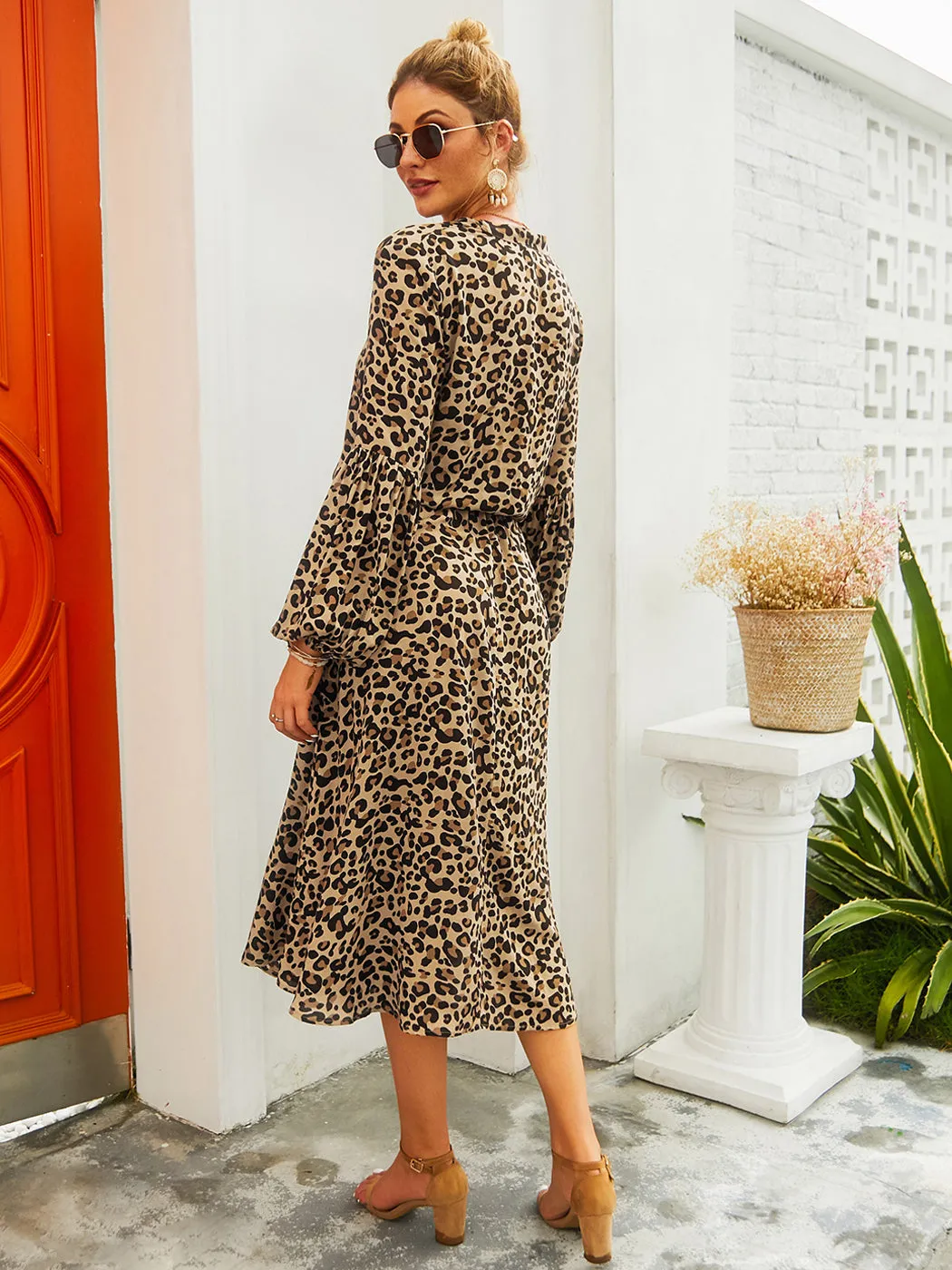 Anna-Kaci Women's Leopard Long Lantern Sleeves Drawstring Tie Waist Midi Dress