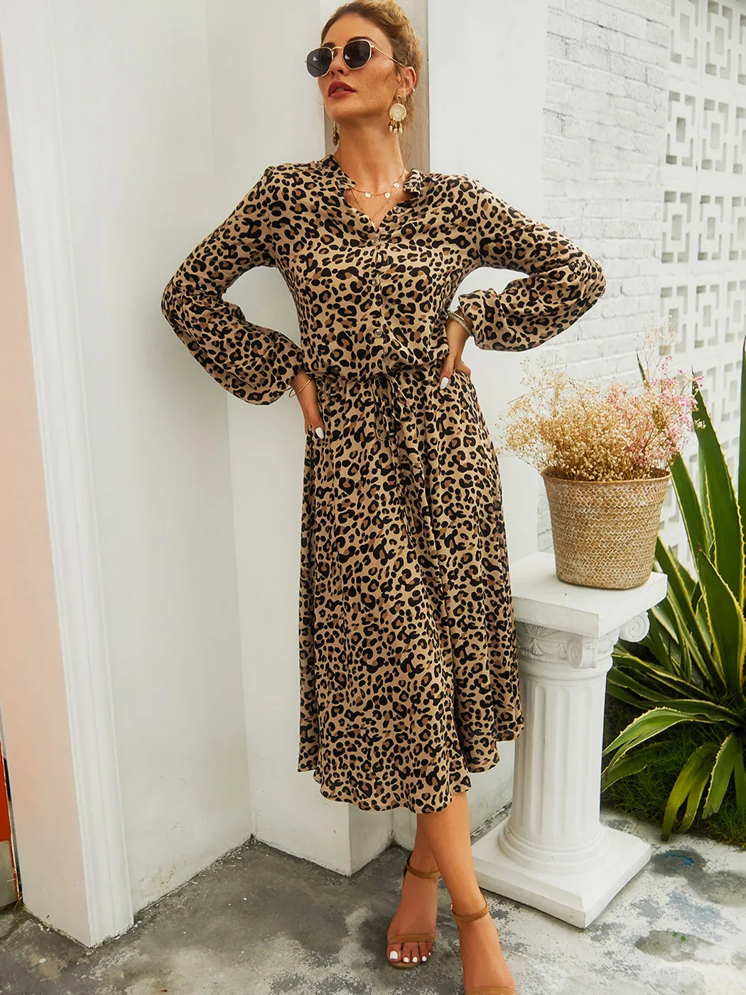 Anna-Kaci Women's Leopard Long Lantern Sleeves Drawstring Tie Waist Midi Dress
