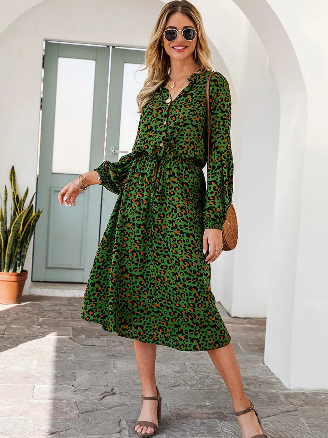 Anna-Kaci Women's Leopard Long Lantern Sleeves Drawstring Tie Waist Midi Dress