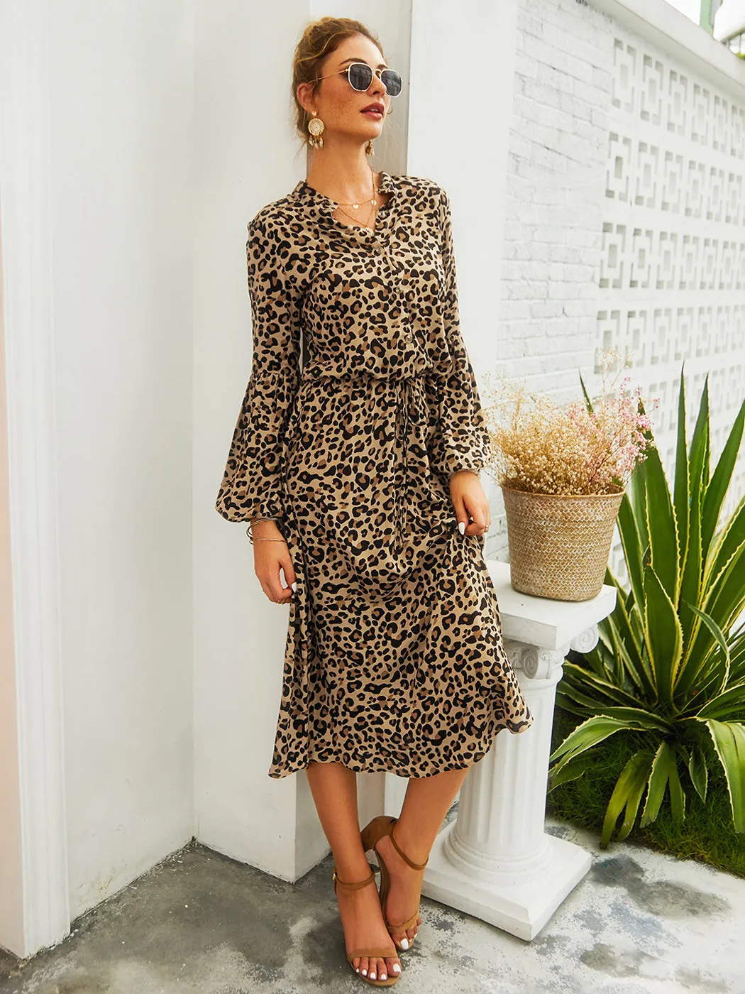 Anna-Kaci Women's Leopard Long Lantern Sleeves Drawstring Tie Waist Midi Dress