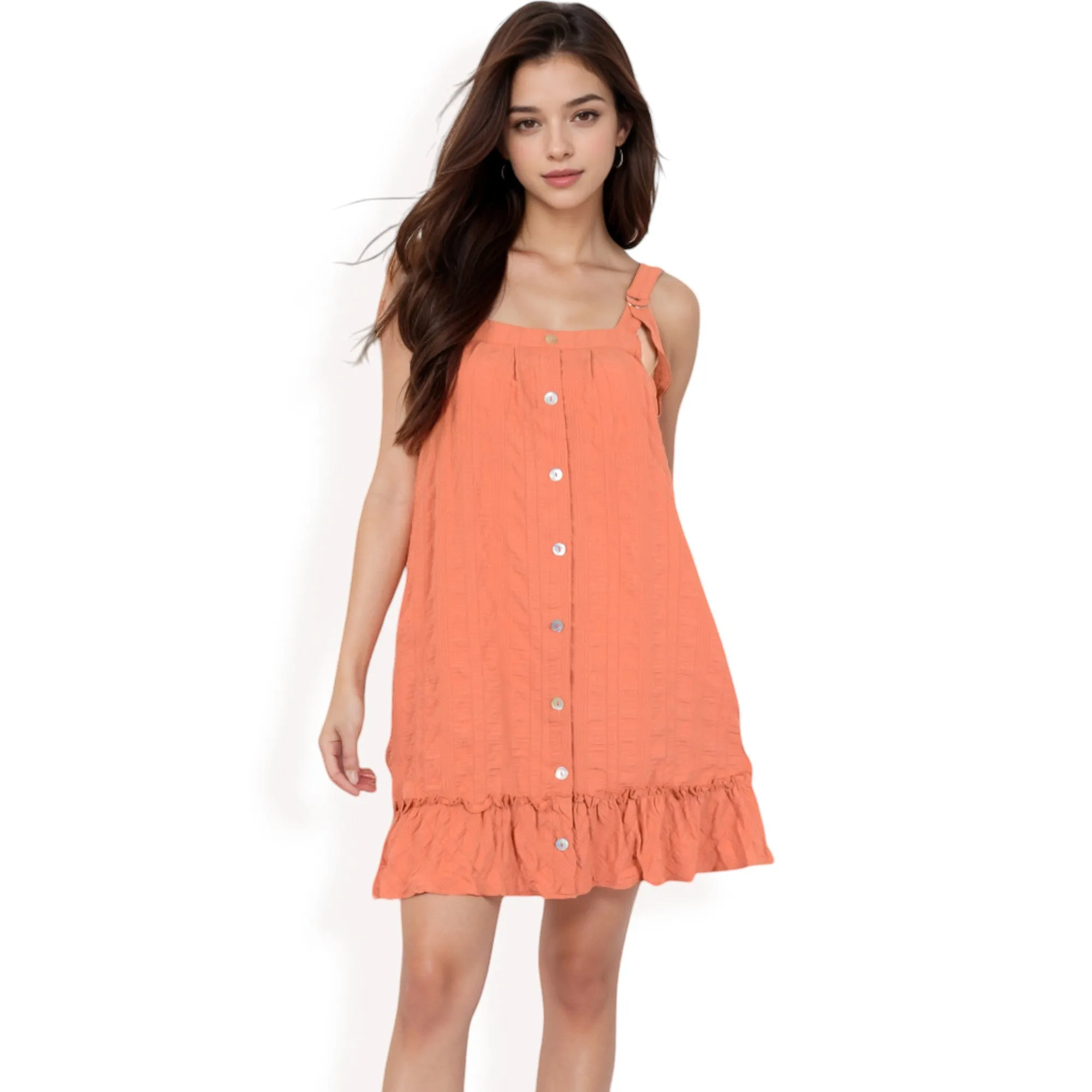 Anna-Kaci Women's Ruffled Button-Down Mini Dress with Adjustable Straps and Textured Fabric