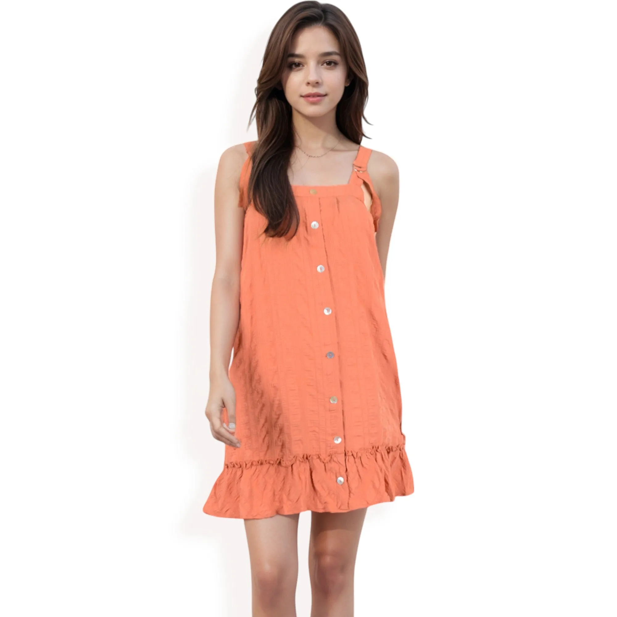 Anna-Kaci Women's Ruffled Button-Down Mini Dress with Adjustable Straps and Textured Fabric