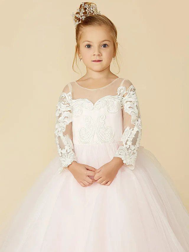 Ball Gown Lace Tulle Wedding Party Pageant Flower Girl Dresses with Sleeves