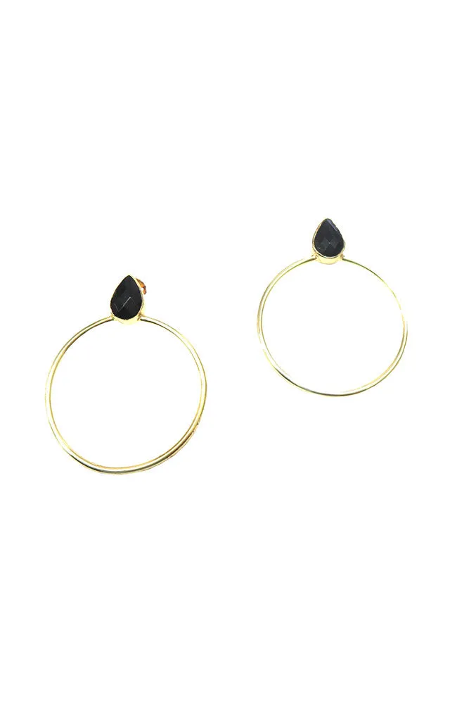 Black Teardrop with Lg Gold Hoops Earrings