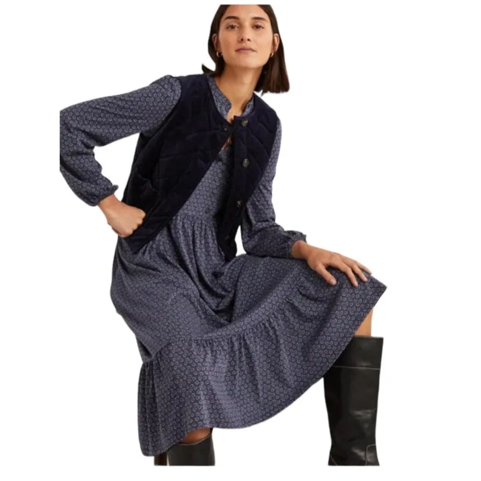 Boden Buttoned Jersey Floral Navy Midi Long Sleeve Dress 2