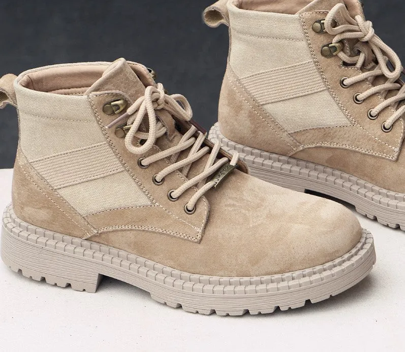 BOOPDO MESS DESIGN SUEDE LACE UP BOOTS IN BEIGE