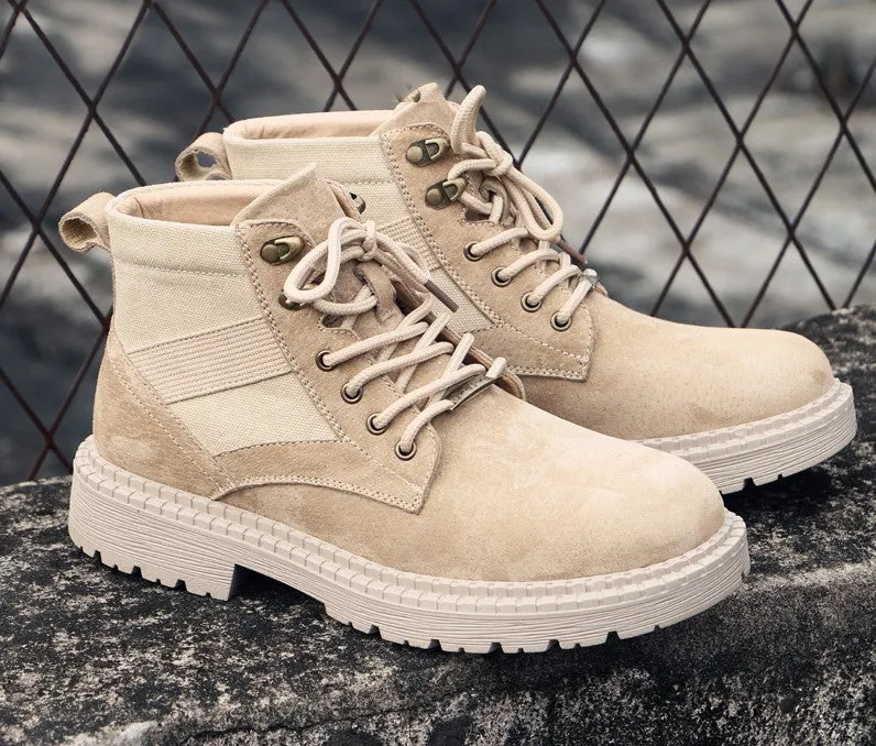 BOOPDO MESS DESIGN SUEDE LACE UP BOOTS IN BEIGE