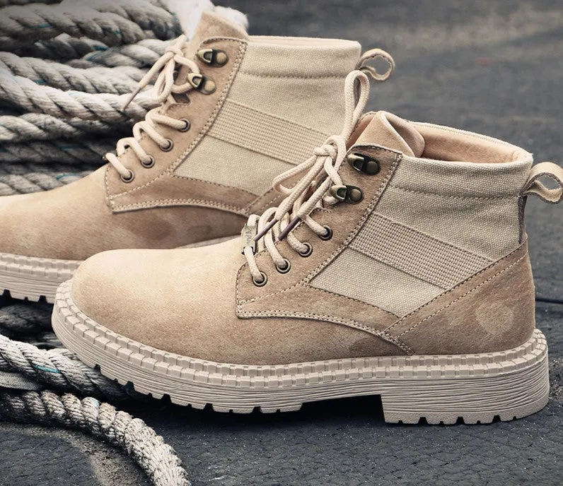 BOOPDO MESS DESIGN SUEDE LACE UP BOOTS IN BEIGE