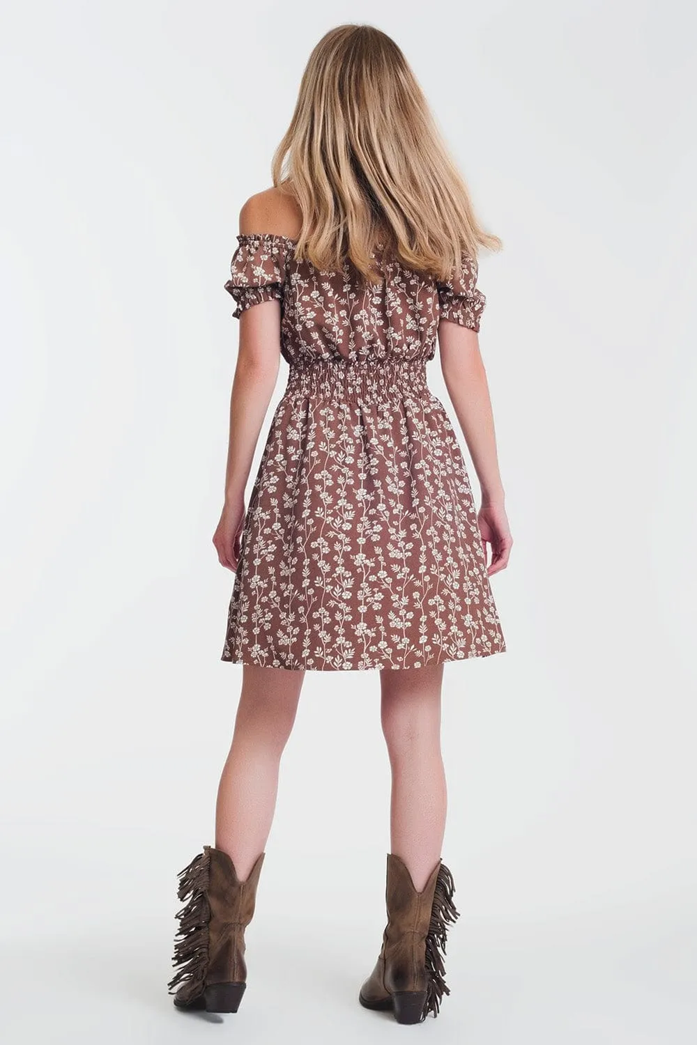 Brown Mini Bardot Dress In Floral Print