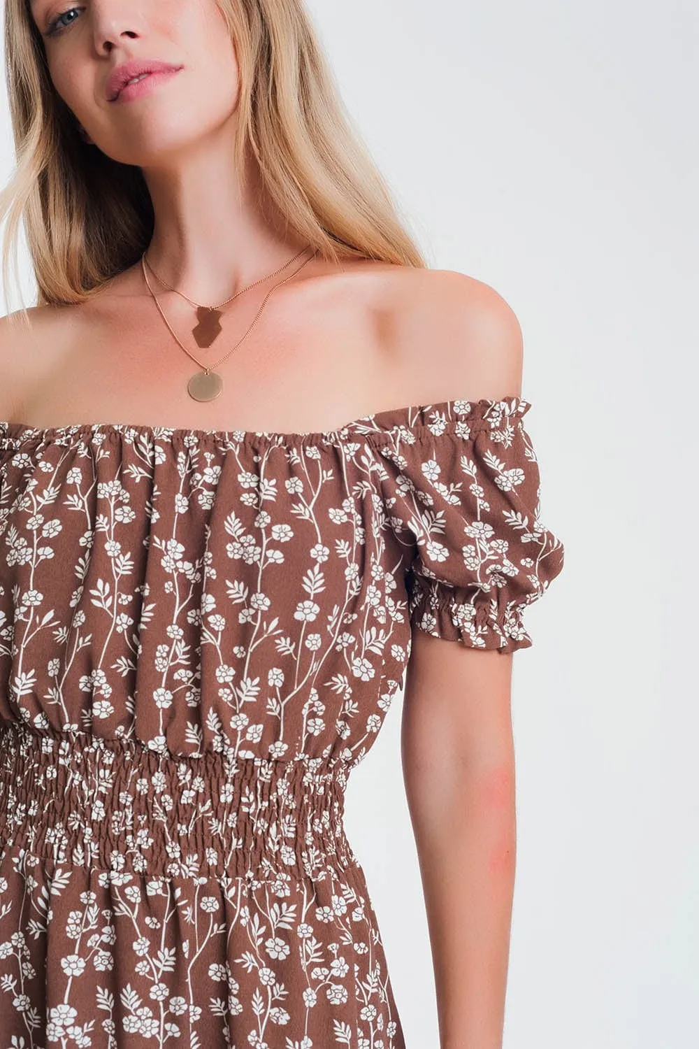 Brown Mini Bardot Dress In Floral Print
