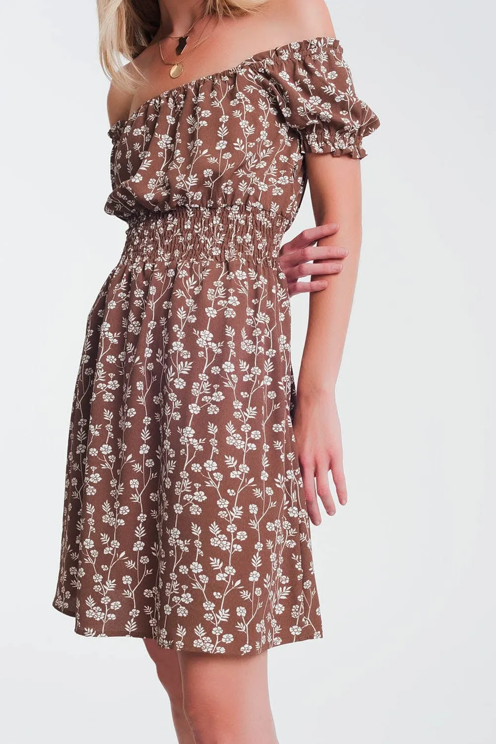 Brown Mini Bardot Dress In Floral Print