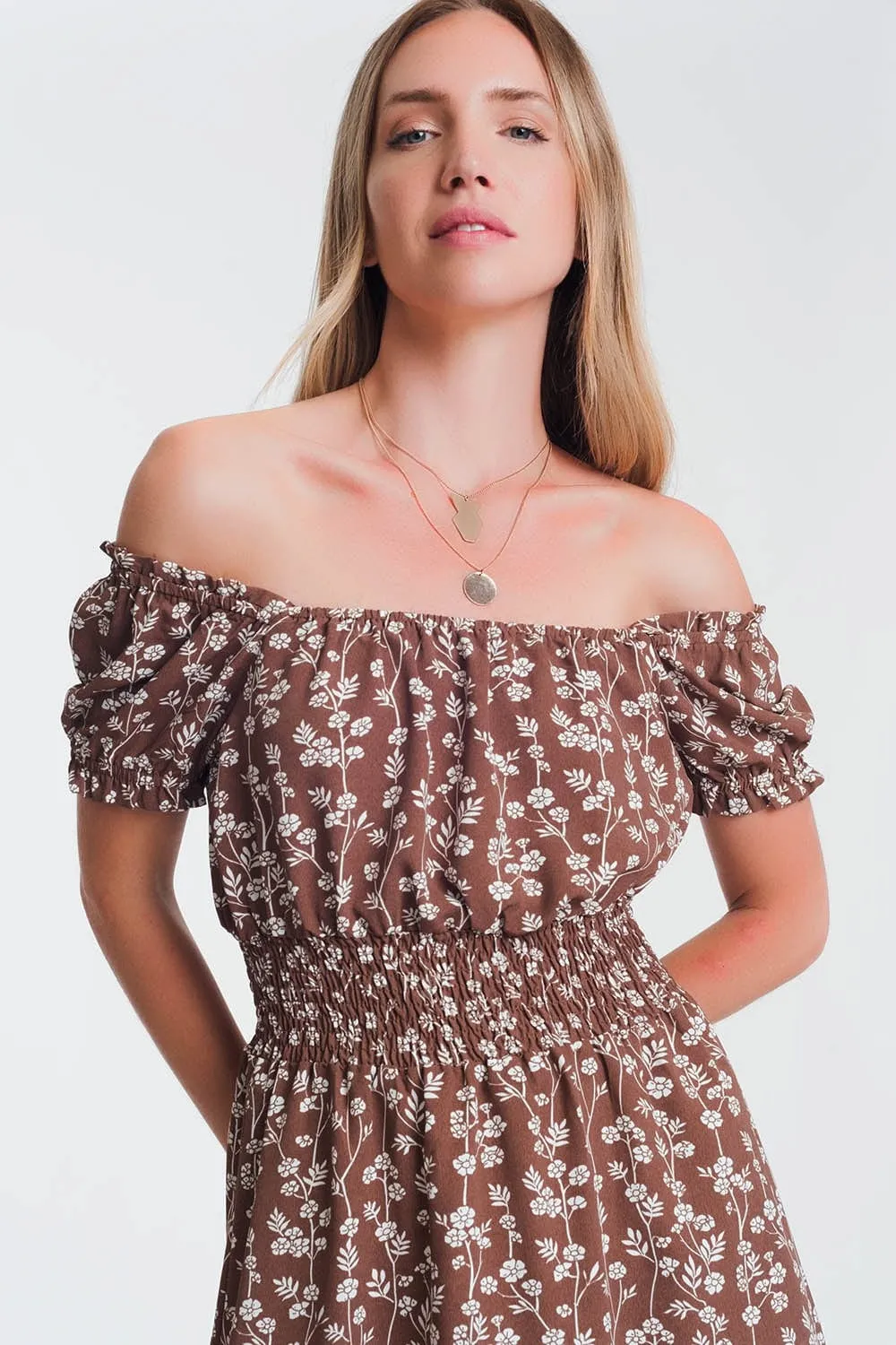 Brown Mini Bardot Dress In Floral Print