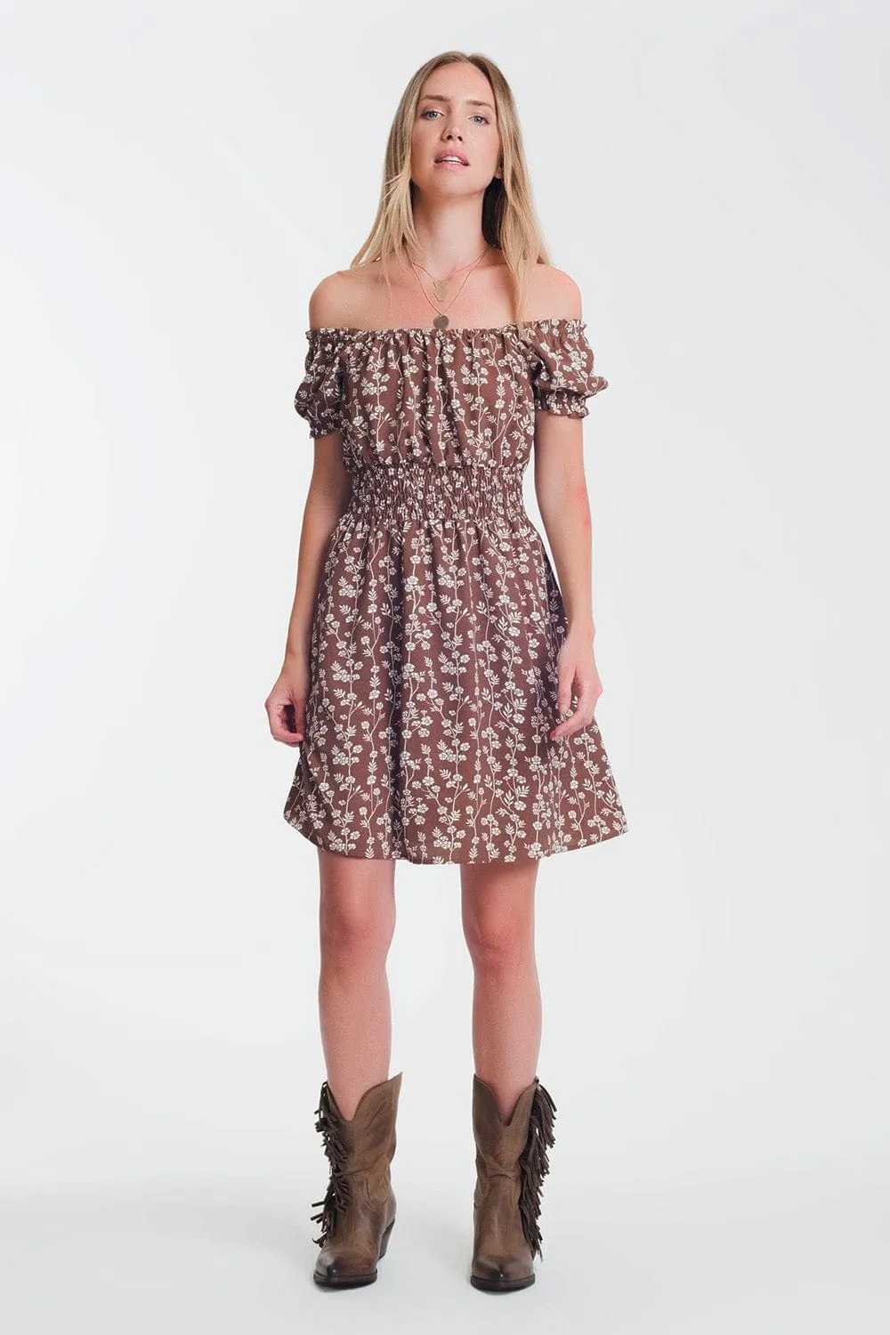 Brown Mini Bardot Dress In Floral Print