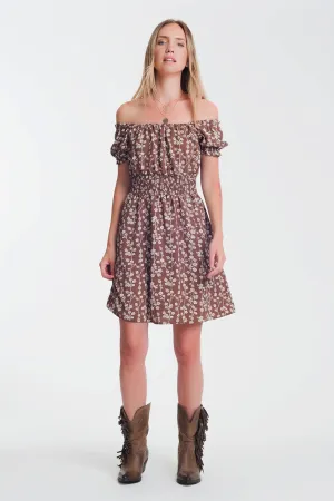 Brown Mini Bardot Dress In Floral Print