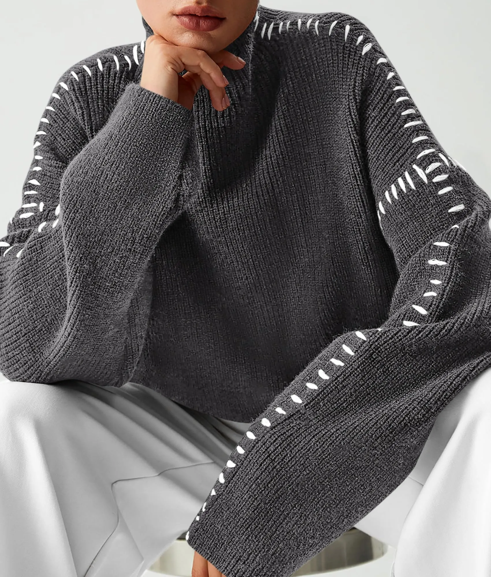 Chunky Knit  Casual Long Sleeve Mock Neck Oversized Loose Sweaters