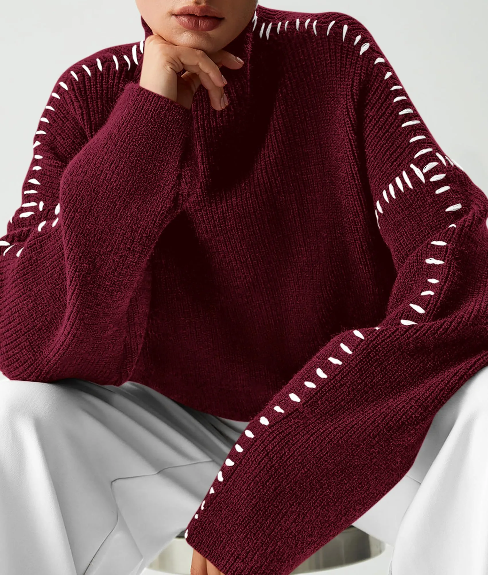 Chunky Knit  Casual Long Sleeve Mock Neck Oversized Loose Sweaters