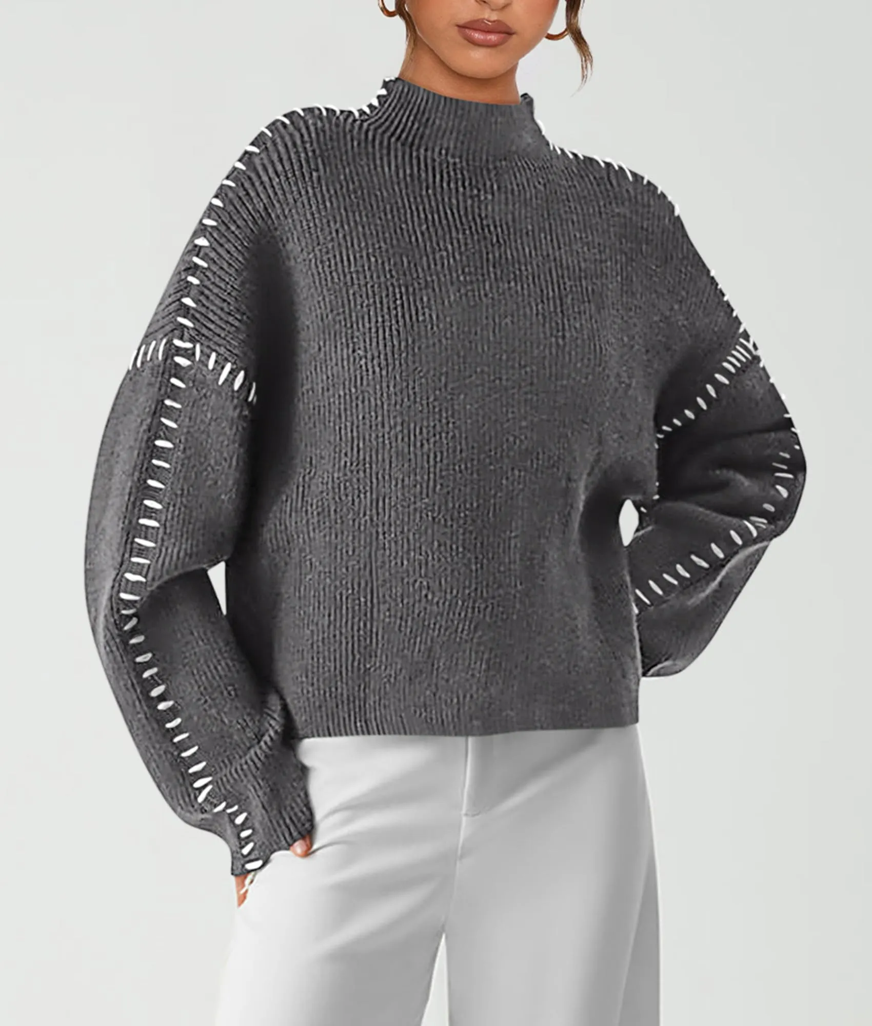 Chunky Knit  Casual Long Sleeve Mock Neck Oversized Loose Sweaters
