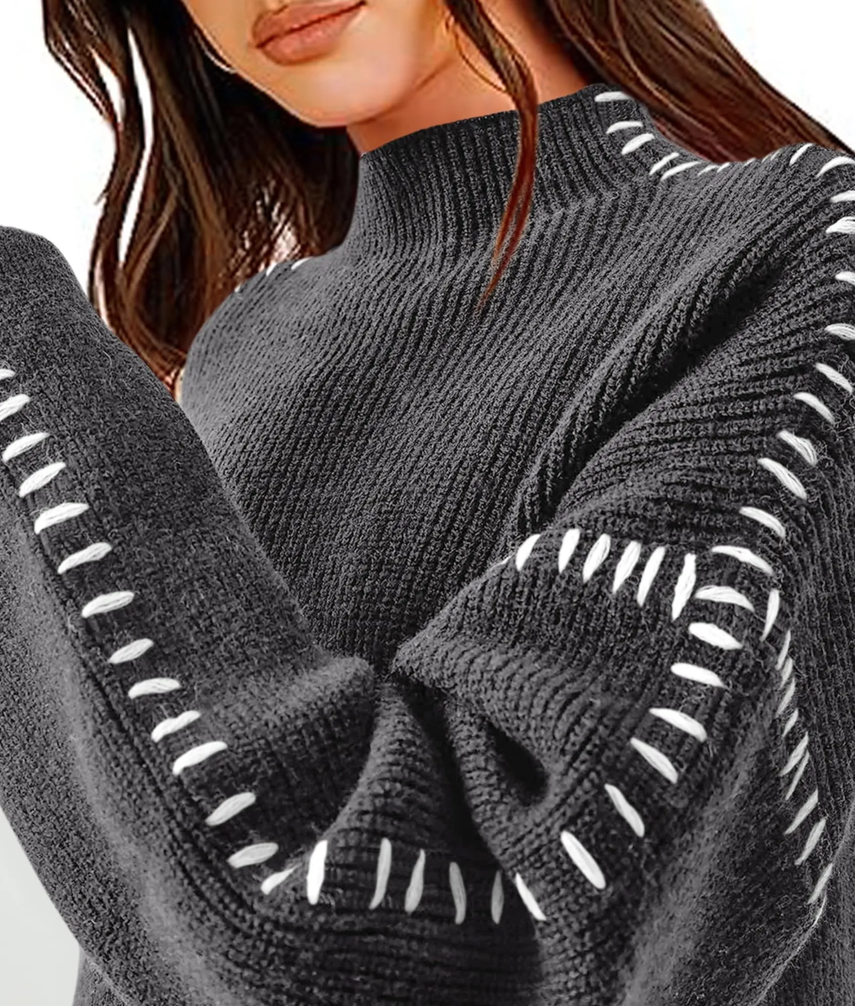 Chunky Knit  Casual Long Sleeve Mock Neck Oversized Loose Sweaters