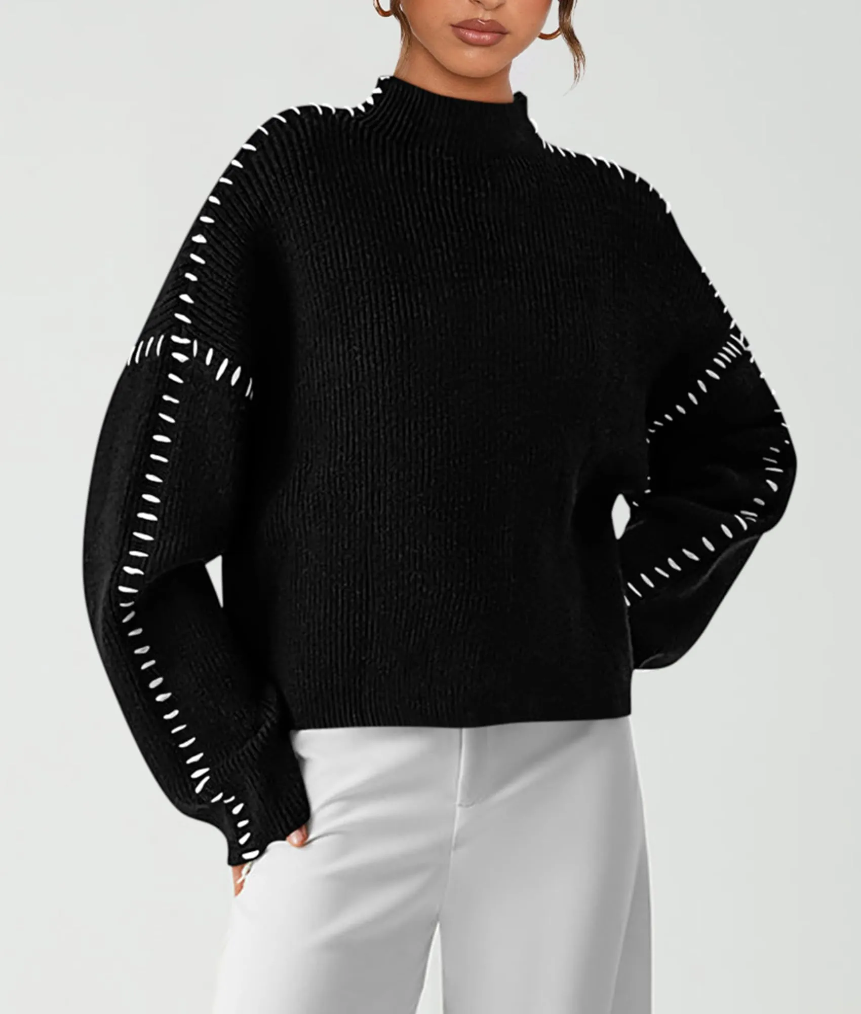 Chunky Knit  Casual Long Sleeve Mock Neck Oversized Loose Sweaters