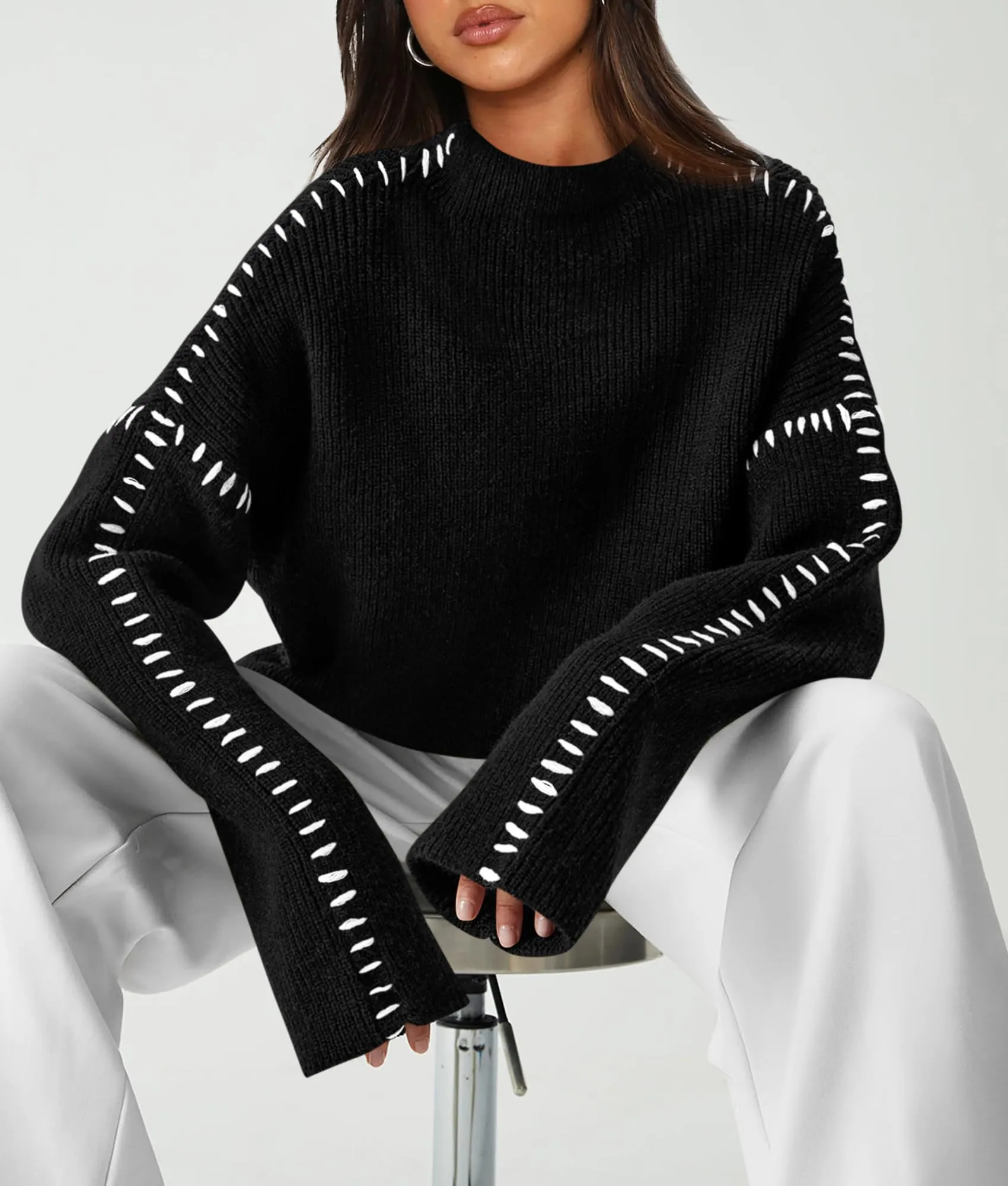 Chunky Knit  Casual Long Sleeve Mock Neck Oversized Loose Sweaters