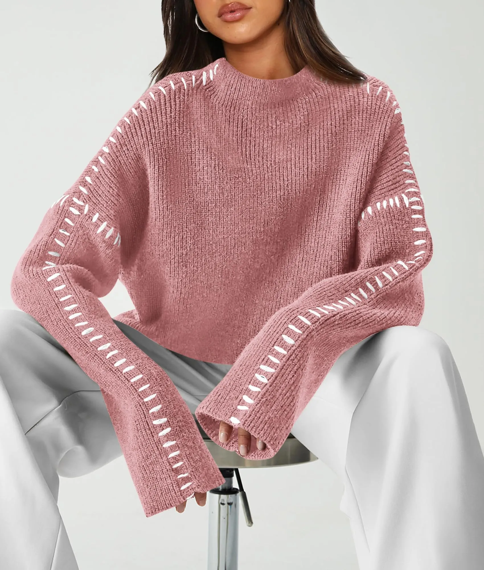 Chunky Knit  Casual Long Sleeve Mock Neck Oversized Loose Sweaters