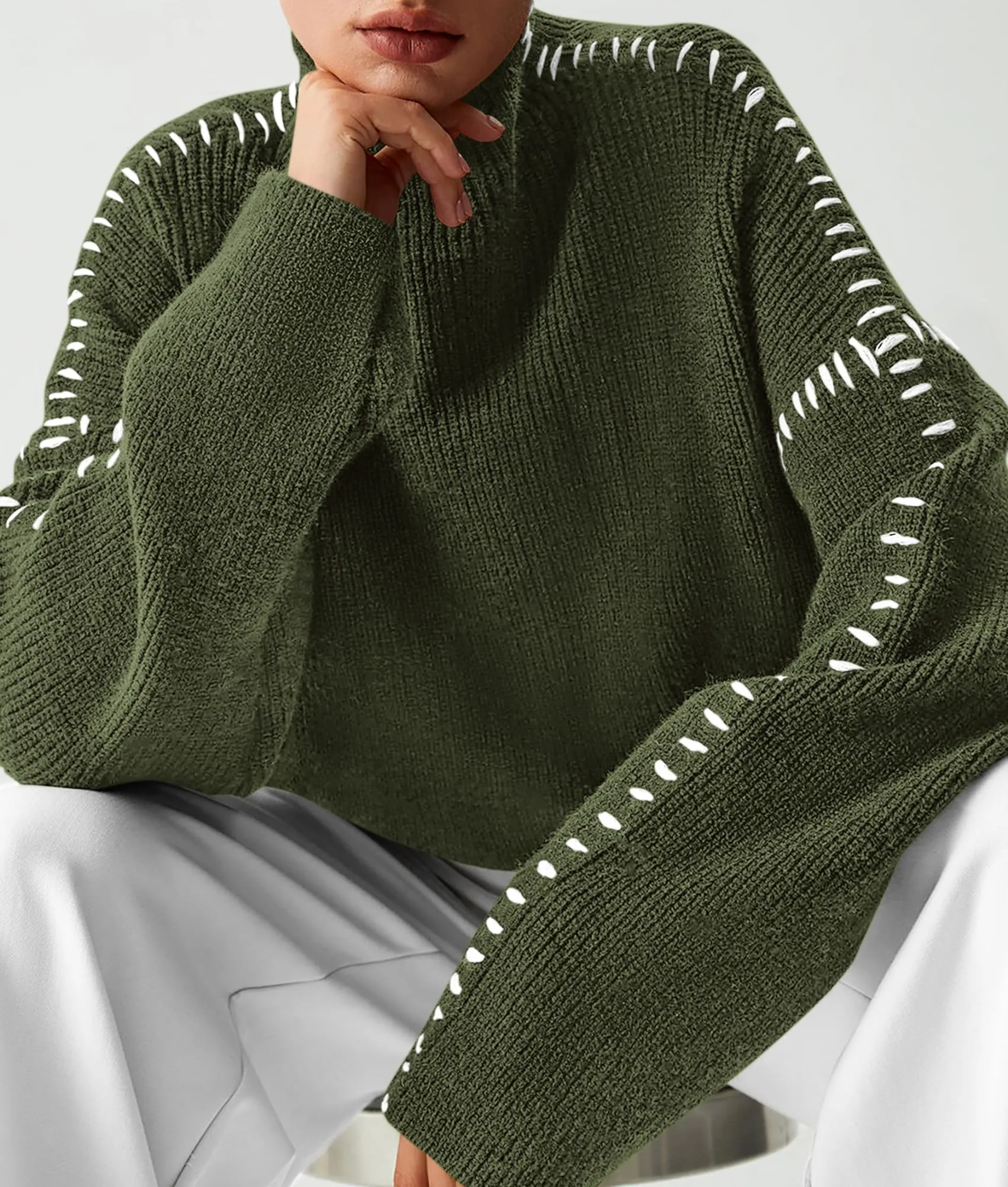 Chunky Knit  Casual Long Sleeve Mock Neck Oversized Loose Sweaters