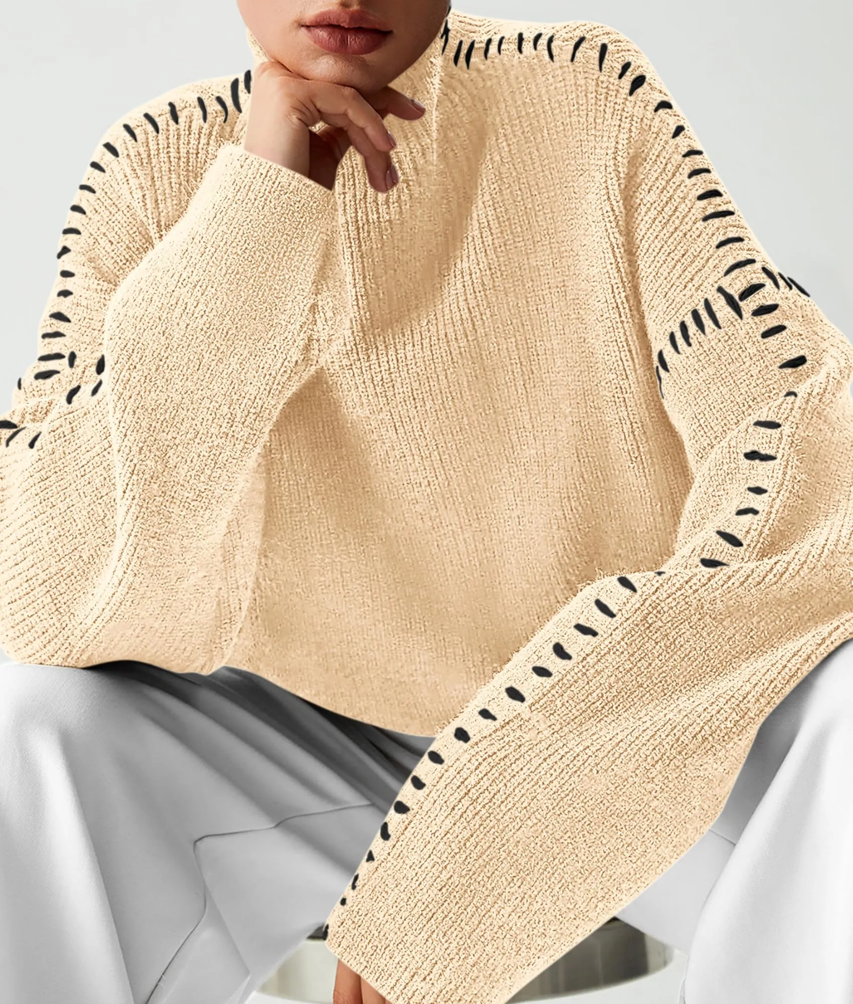 Chunky Knit  Casual Long Sleeve Mock Neck Oversized Loose Sweaters