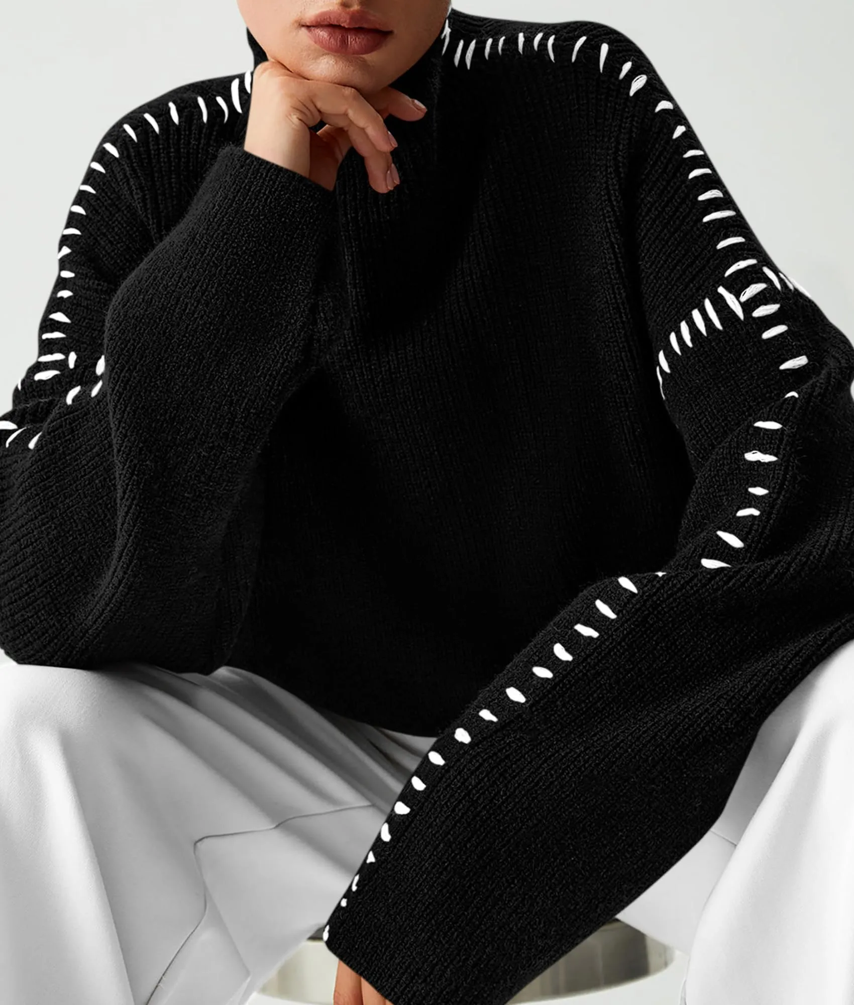 Chunky Knit  Casual Long Sleeve Mock Neck Oversized Loose Sweaters
