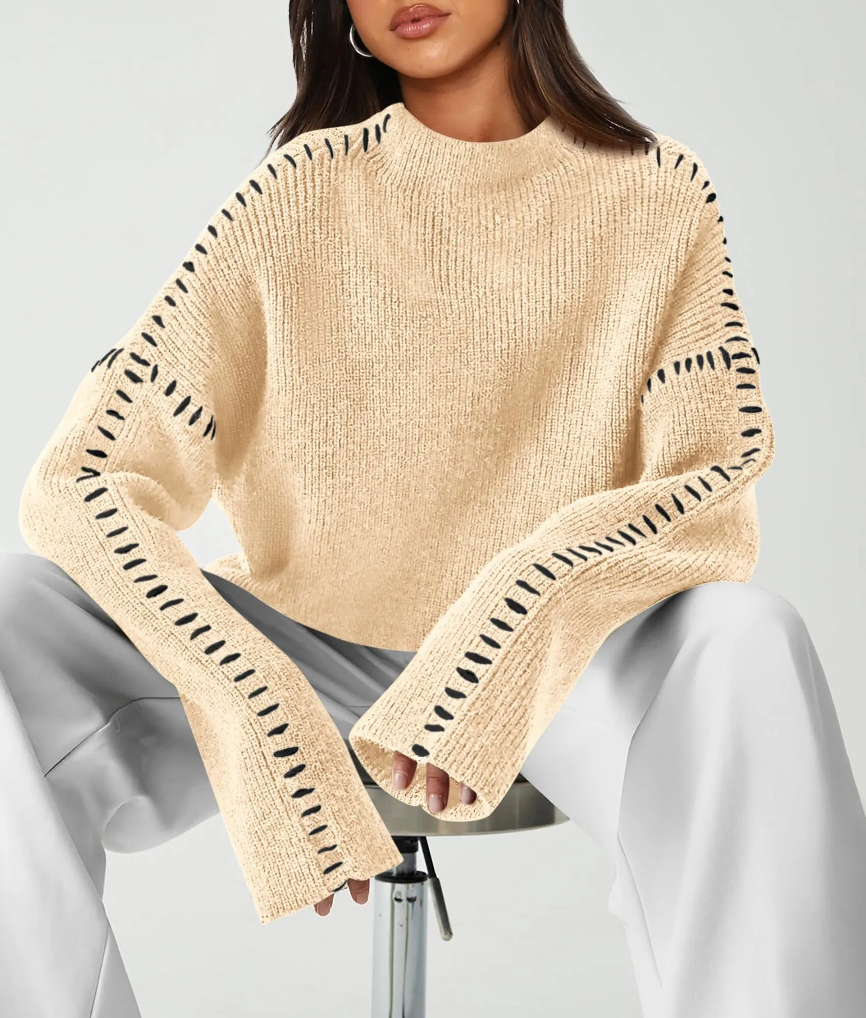 Chunky Knit  Casual Long Sleeve Mock Neck Oversized Loose Sweaters