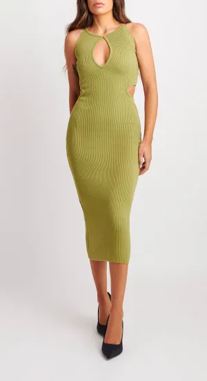 CLAUDIA ribbed-knit cutout dress army