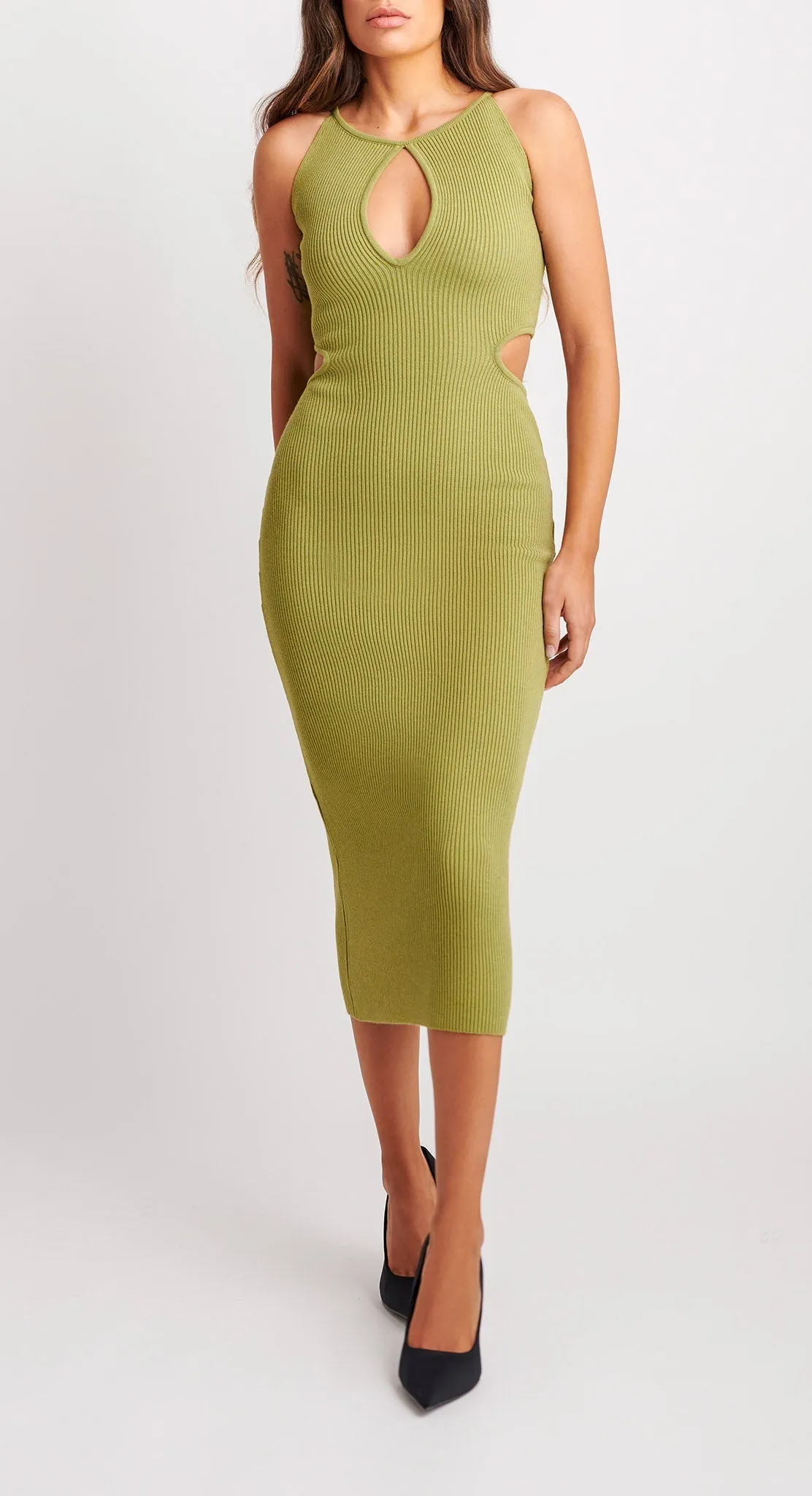CLAUDIA ribbed-knit cutout dress army
