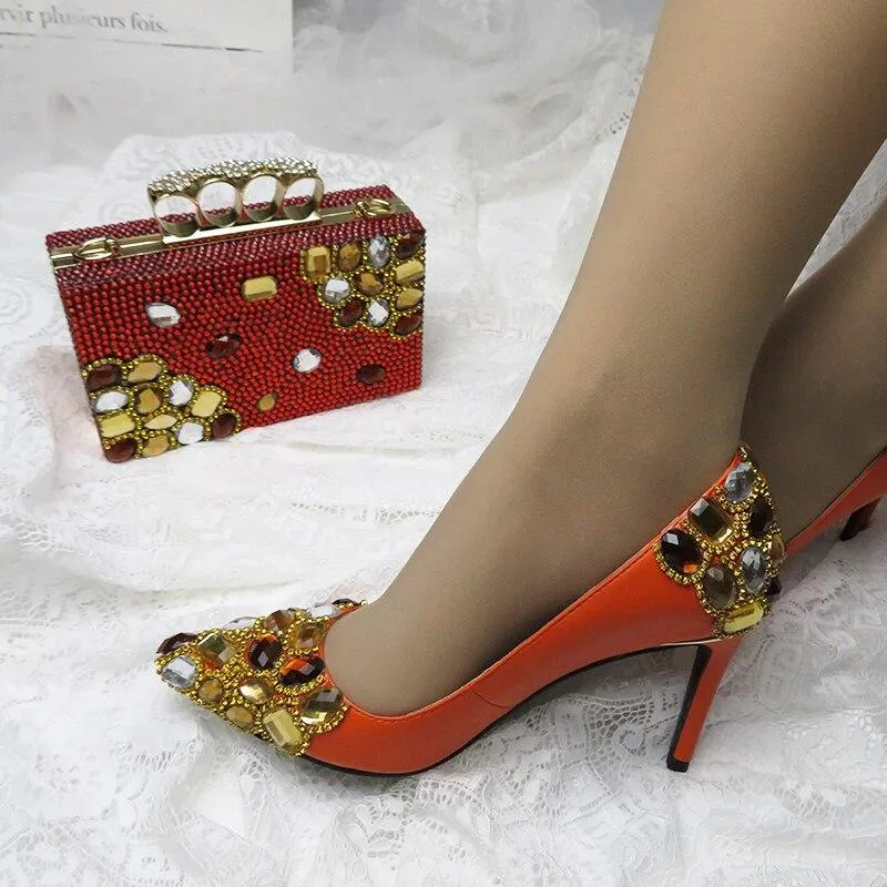 Designer Crystal Shoes With Matching Clutch Bag Set