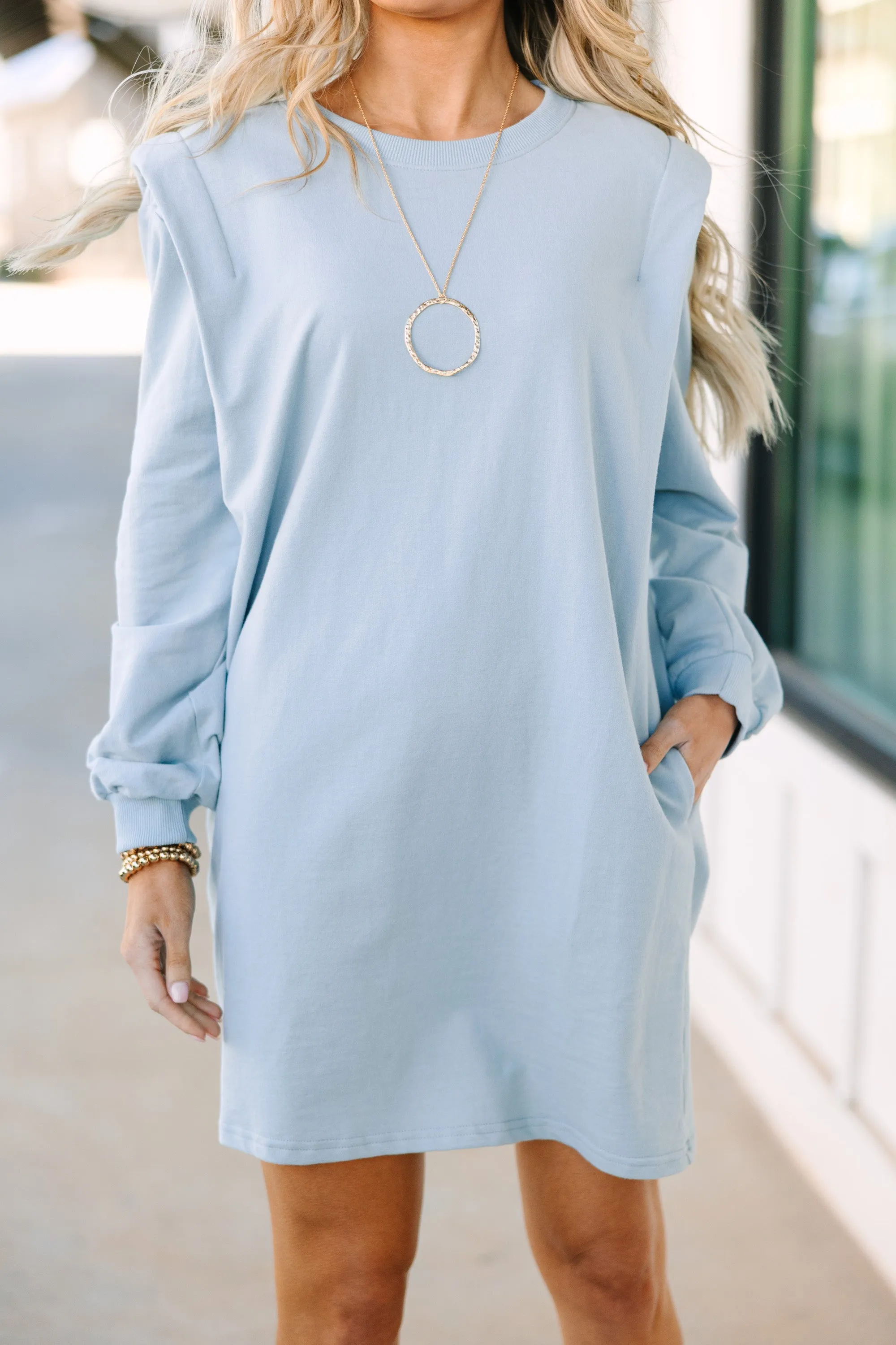 Do What You Love Light Blue Padded Shoulder Dress