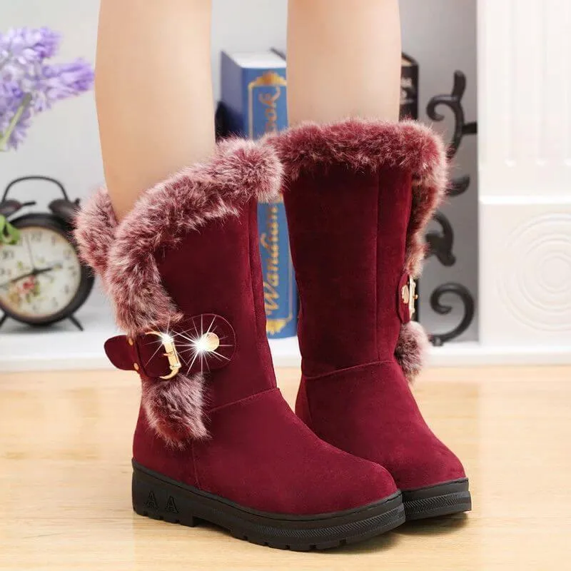 Faux Fur Flat Suede Buckle Mid Calf Boots