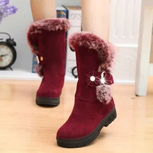 Faux Fur Flat Suede Buckle Mid Calf Boots