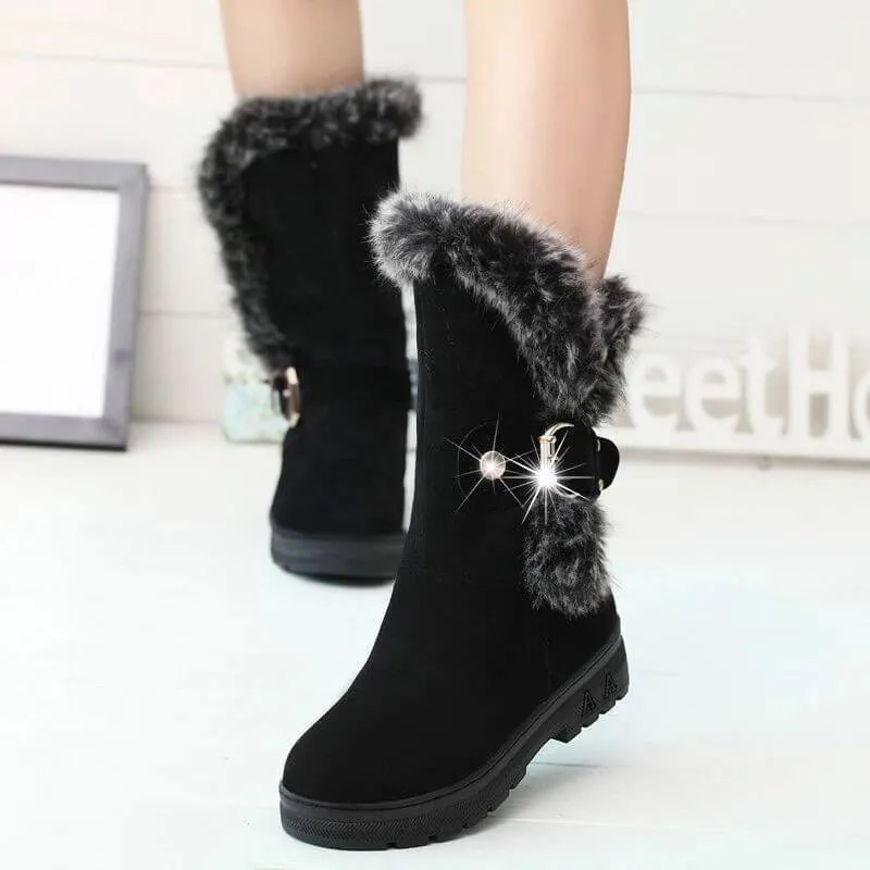 Faux Fur Flat Suede Buckle Mid Calf Boots