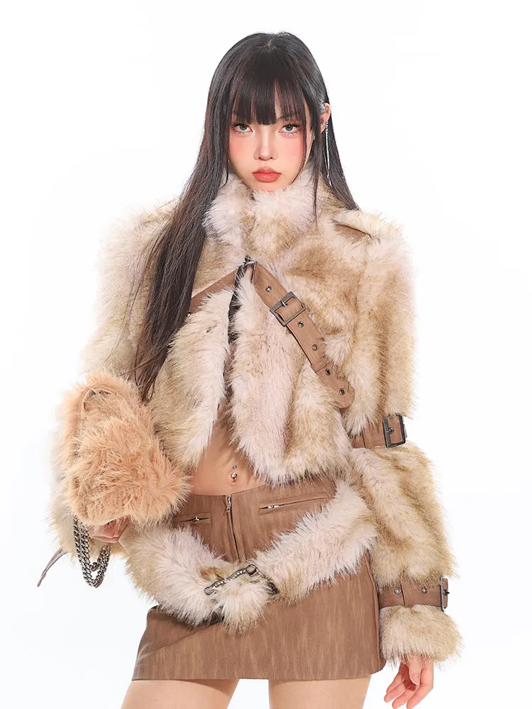 Faux Fur Trim Buckled Jacket and Mini Skirt with Belt Two Piece Set