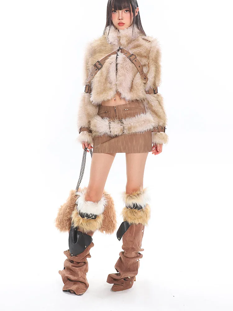 Faux Fur Trim Buckled Jacket and Mini Skirt with Belt Two Piece Set
