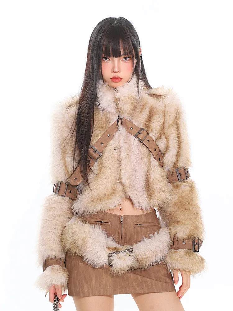 Faux Fur Trim Buckled Jacket and Mini Skirt with Belt Two Piece Set