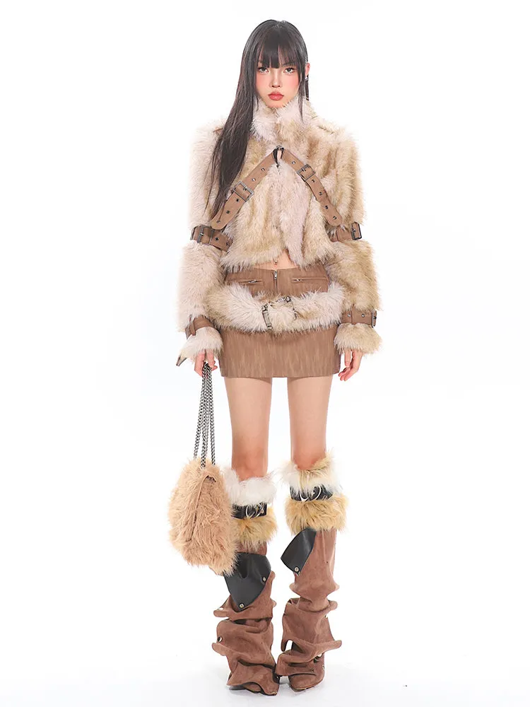 Faux Fur Trim Buckled Jacket and Mini Skirt with Belt Two Piece Set