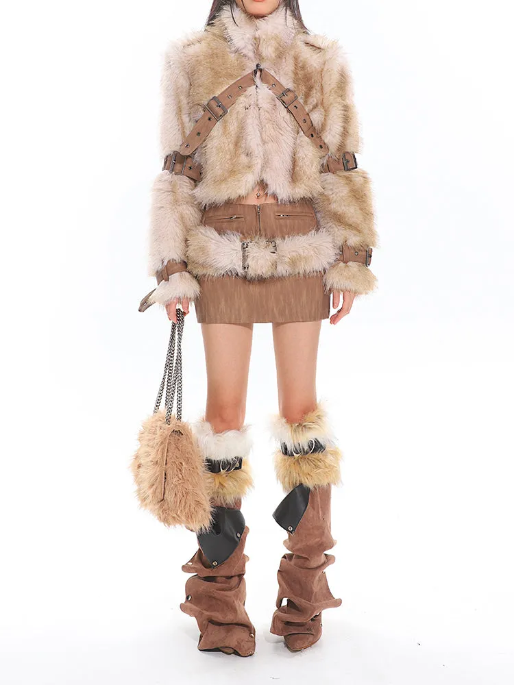 Faux Fur Trim Buckled Jacket and Mini Skirt with Belt Two Piece Set