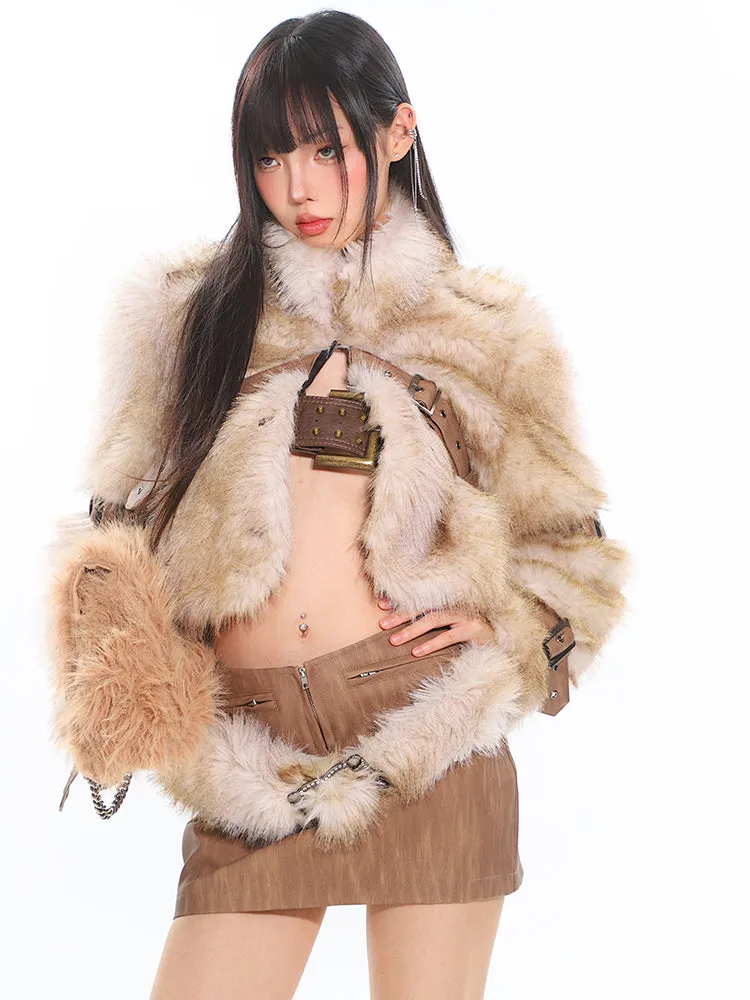 Faux Fur Trim Buckled Jacket and Mini Skirt with Belt Two Piece Set