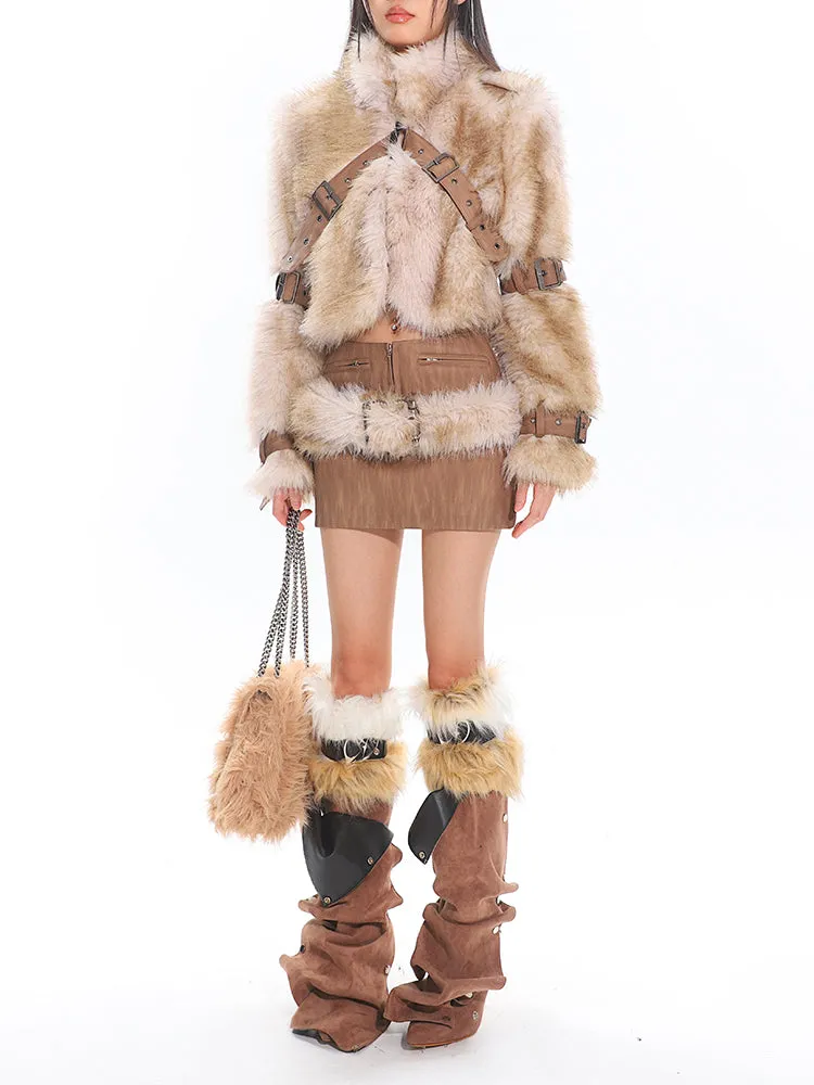 Faux Fur Trim Buckled Jacket and Mini Skirt with Belt Two Piece Set