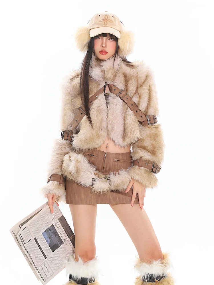 Faux Fur Trim Buckled Jacket and Mini Skirt with Belt Two Piece Set