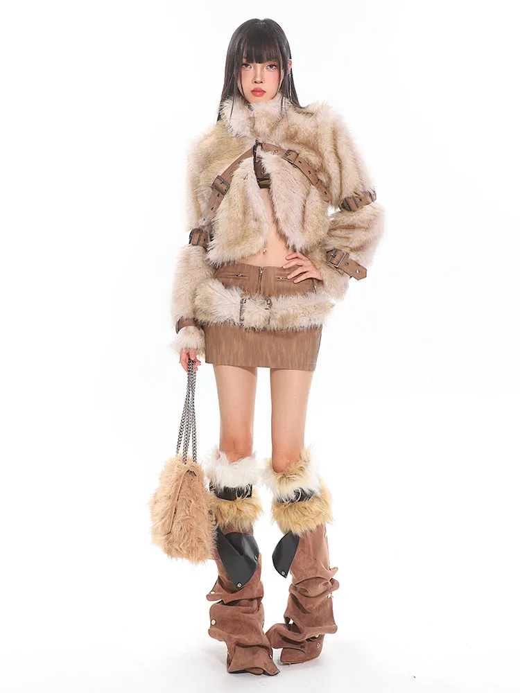Faux Fur Trim Buckled Jacket and Mini Skirt with Belt Two Piece Set