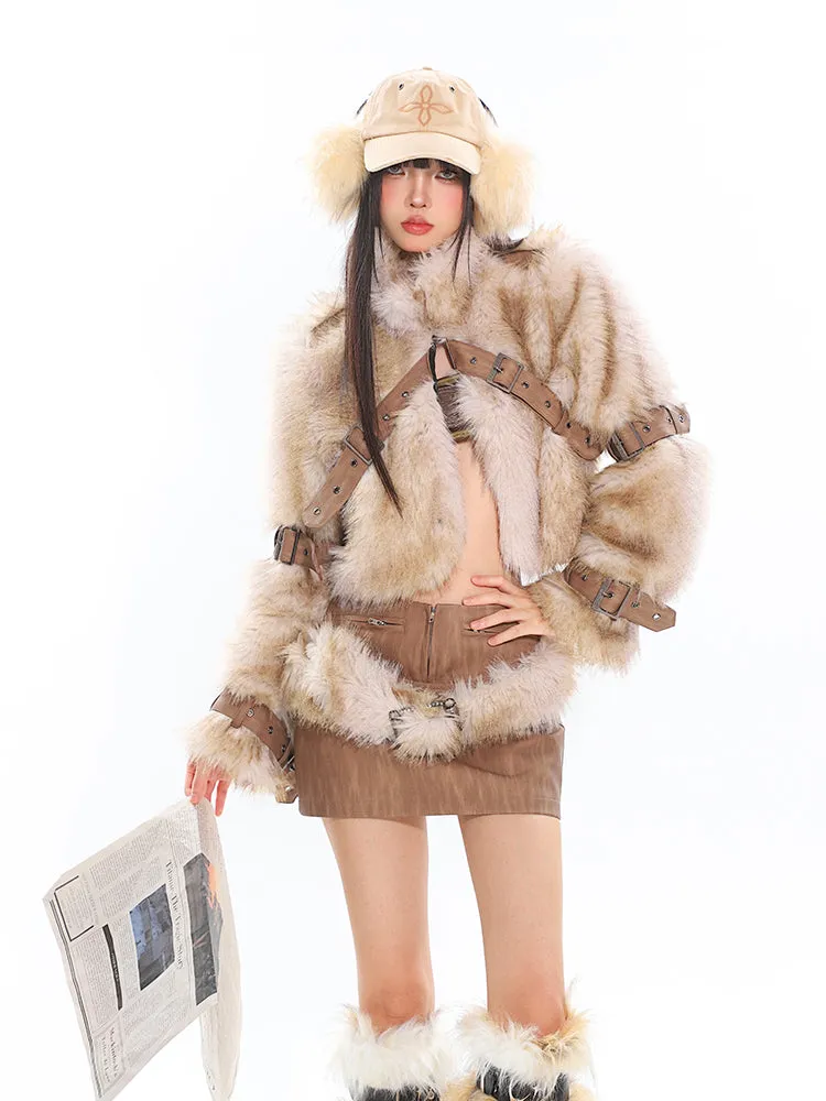 Faux Fur Trim Buckled Jacket and Mini Skirt with Belt Two Piece Set