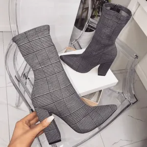 High Heel Lattice Pointed Toe Calf Sock Boots